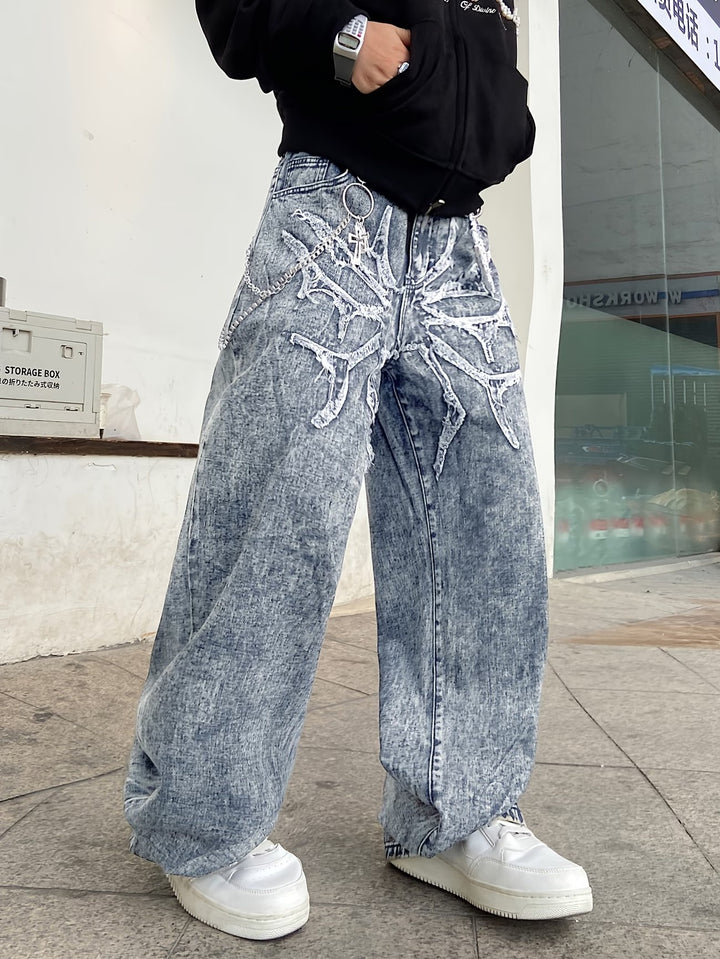 Męskie Spodnie Szerokie z Postrzępionym Wzorem